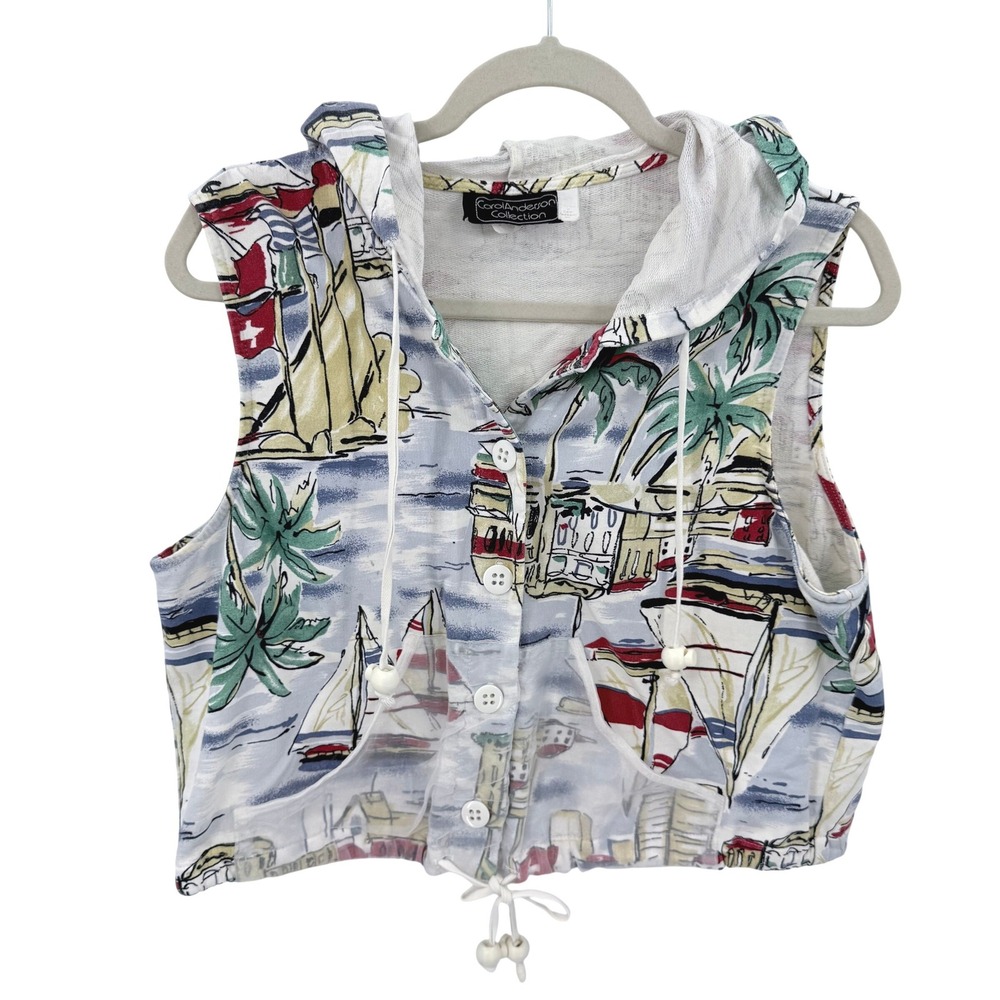 Vintage Carol Anderson Collection Nautical Sailboat Print Hooded Sleeveless‎ Top